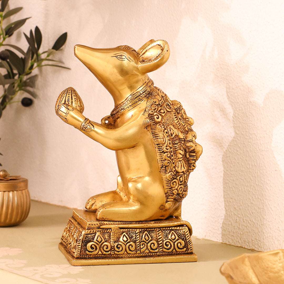 Brass Mushak/Rat Idol – Ganesha’s Devotee on Decorative Pedestal (6.5 INCH) - Image 6