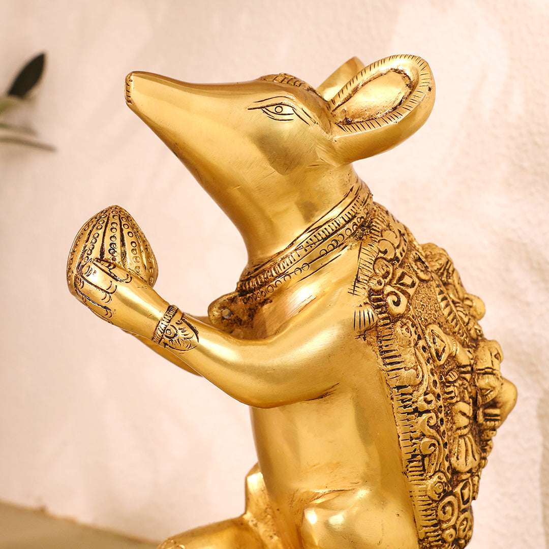 Brass Mushak/Rat Idol – Ganesha’s Devotee on Decorative Pedestal (6.5 INCH) - Image 7