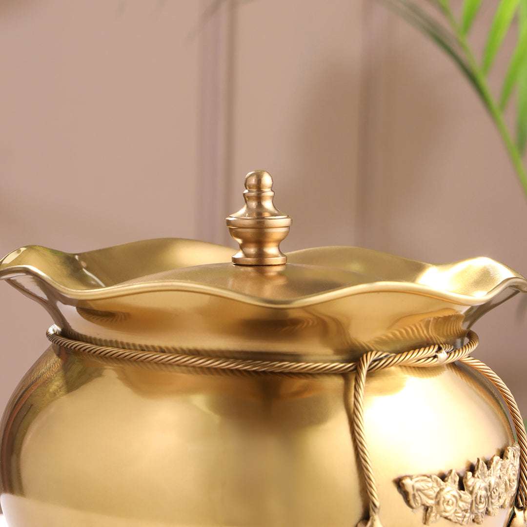 Brass Floral Decorative Handi with Lid Neck Ribbon Bow Design - Image 4