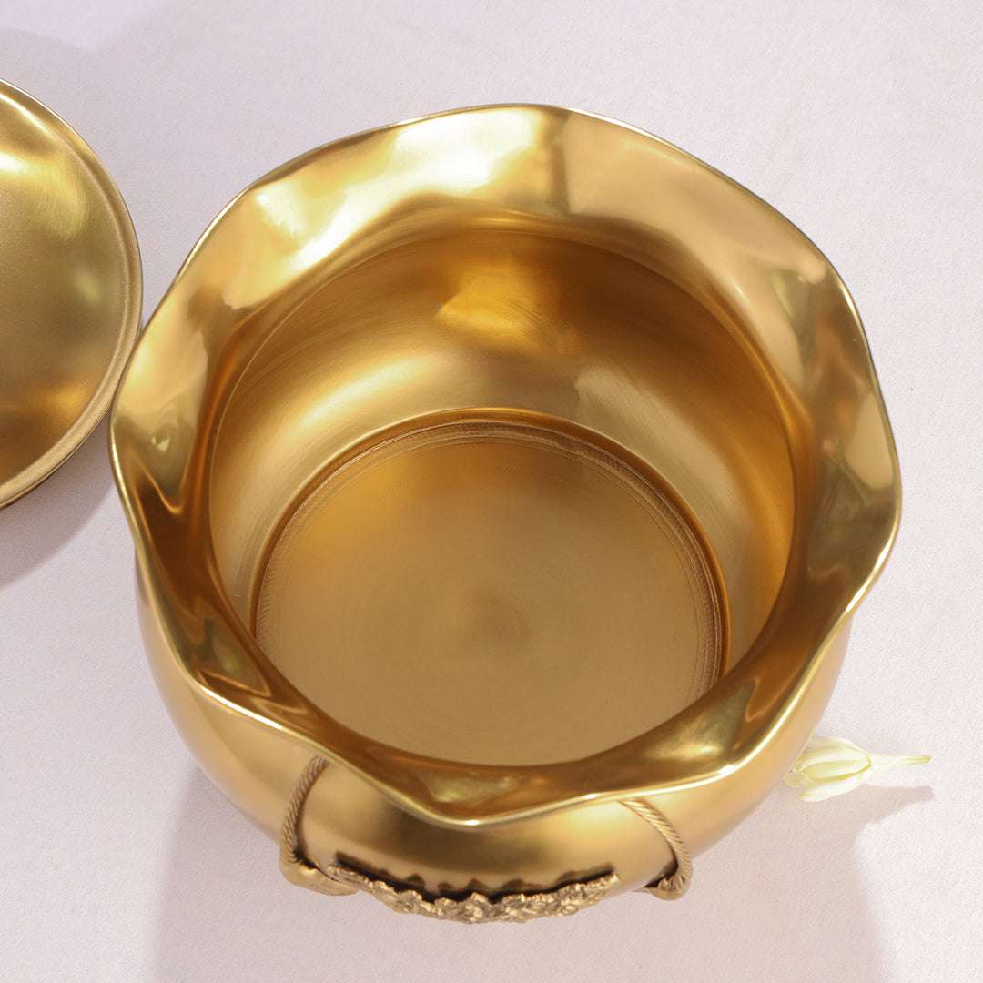 Brass Floral Decorative Handi with Lid Neck Ribbon Bow Design - Image 6