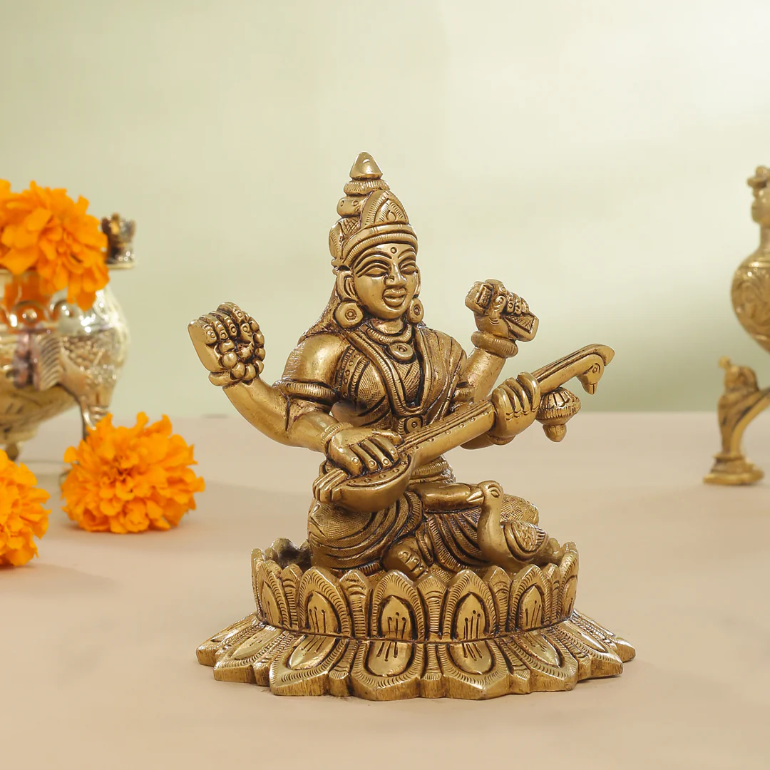 Brass Superfine Lotus Goddess Sitting Saraswati Idol (5.5 Inch) - Image 2