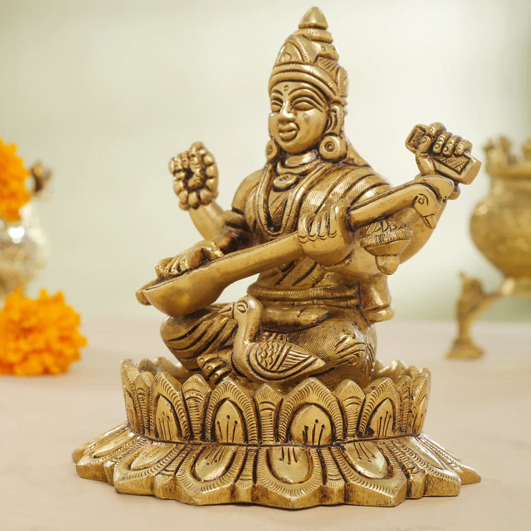 Brass Superfine Lotus Goddess Sitting Saraswati Idol (5.5 Inch) - Image 3