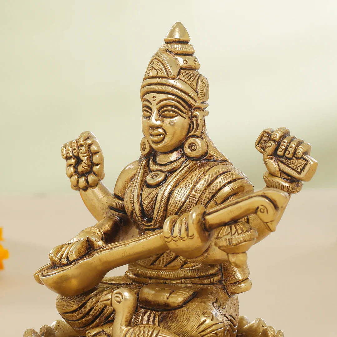 Brass Superfine Lotus Goddess Sitting Saraswati Idol (5.5 Inch) - Image 7
