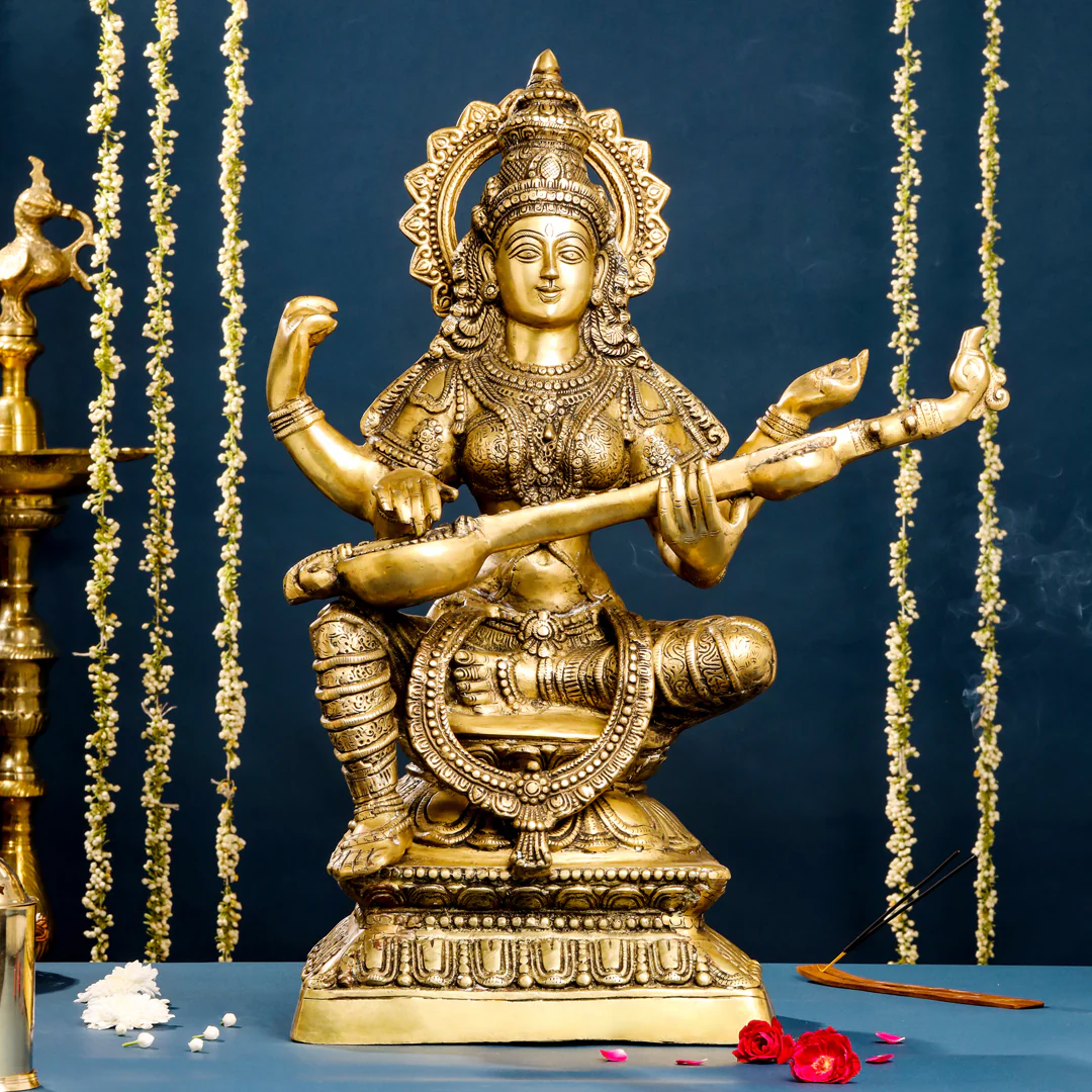 Brass Goddess Sitting Saraswati Idol (30 Inch)
