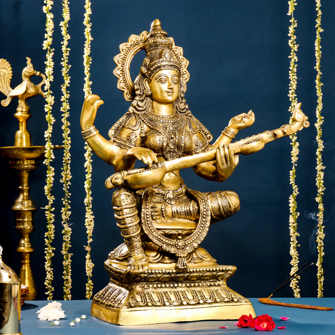 Brass Goddess Sitting Saraswati Idol (30 Inch) - Image 3