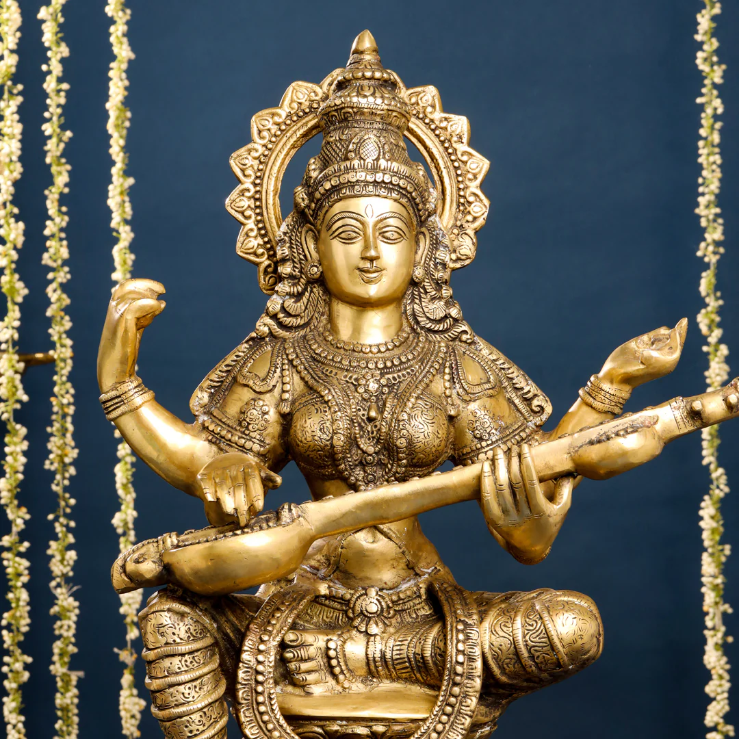 Brass Goddess Sitting Saraswati Idol (30 Inch) - Image 5