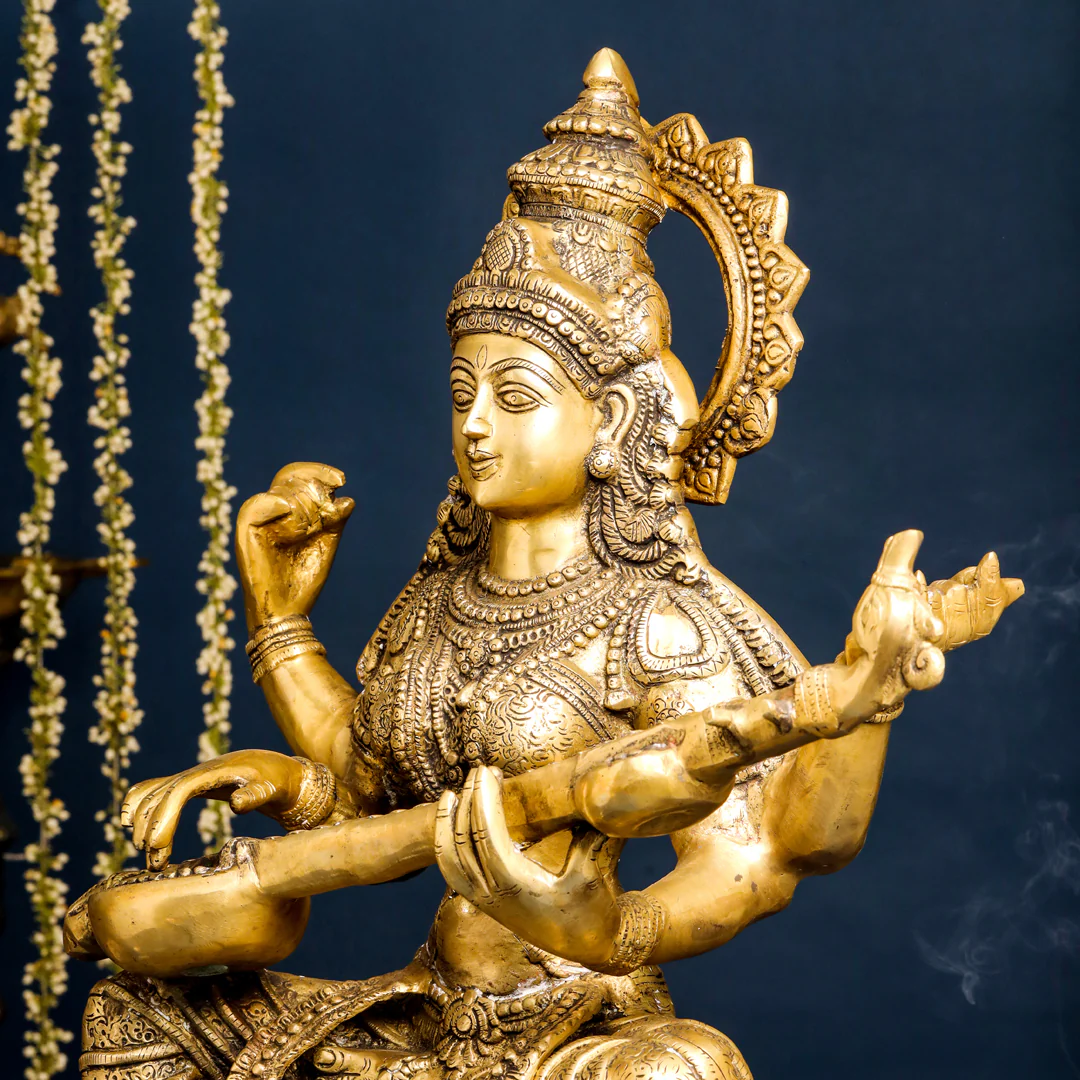 Brass Goddess Sitting Saraswati Idol (30 Inch) - Image 8