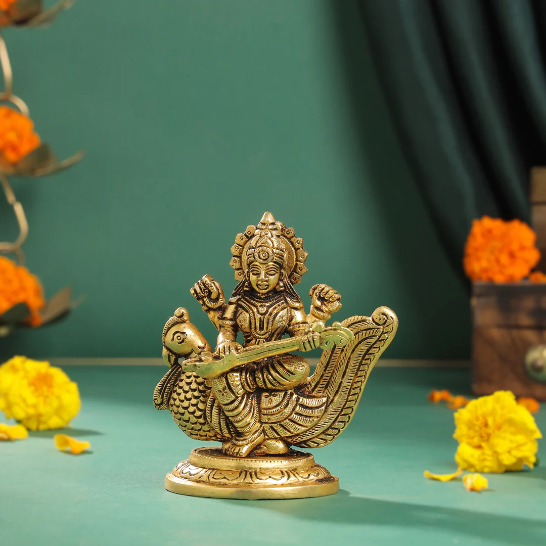 Brass Goddess Sitting Saraswati Idol (4.5 Inch)