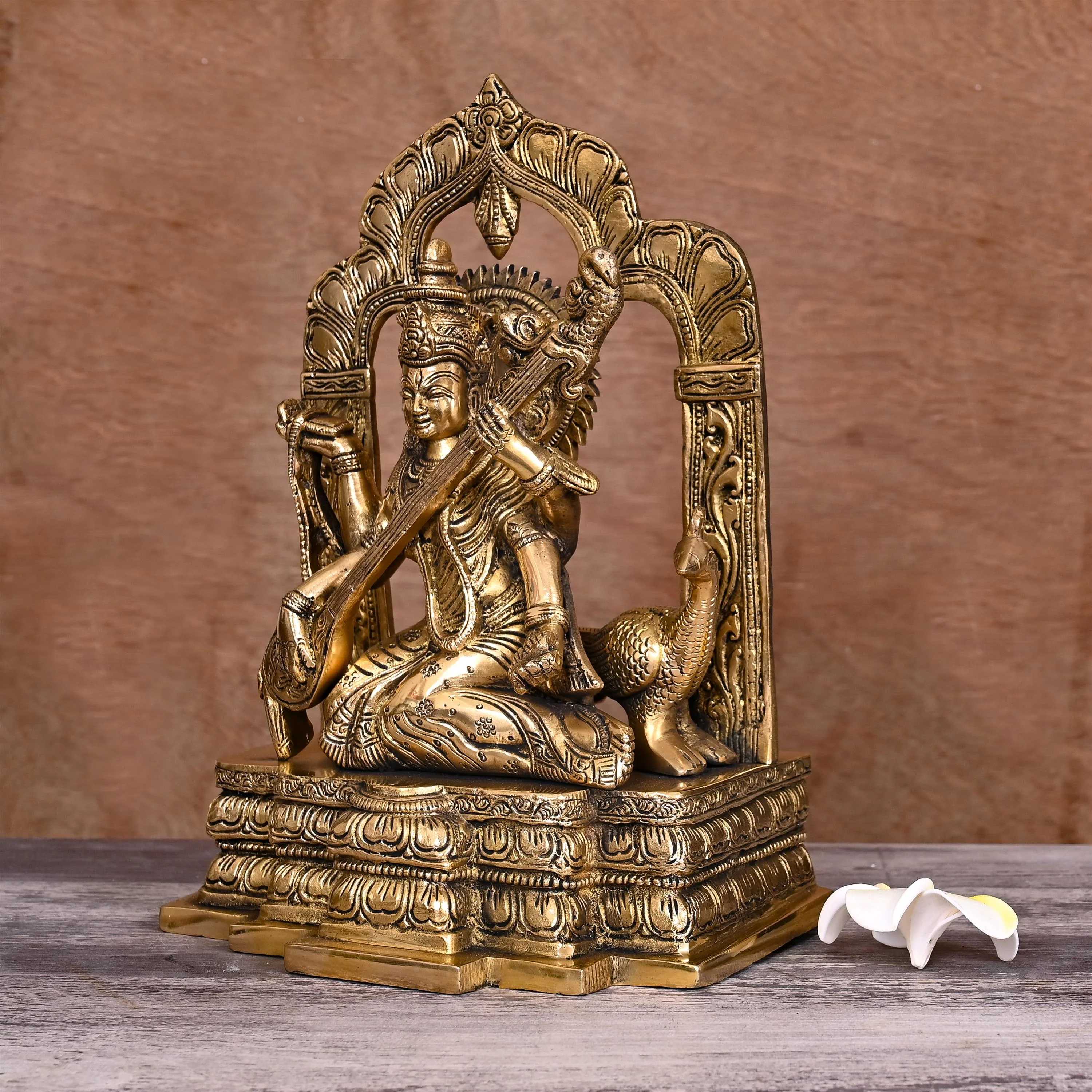 Brass Goddess Sitting Saraswati On Throne Statue (11 Inch) - Image 2