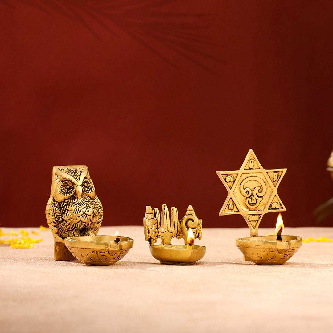 Brass Shankh Chakra Namah, Star Vel & Owl Diya - Image 5