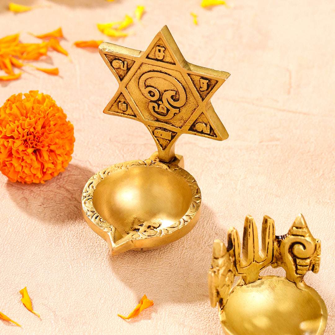 Brass Shankh Chakra Namah, Star Vel & Owl Diya - Image 9