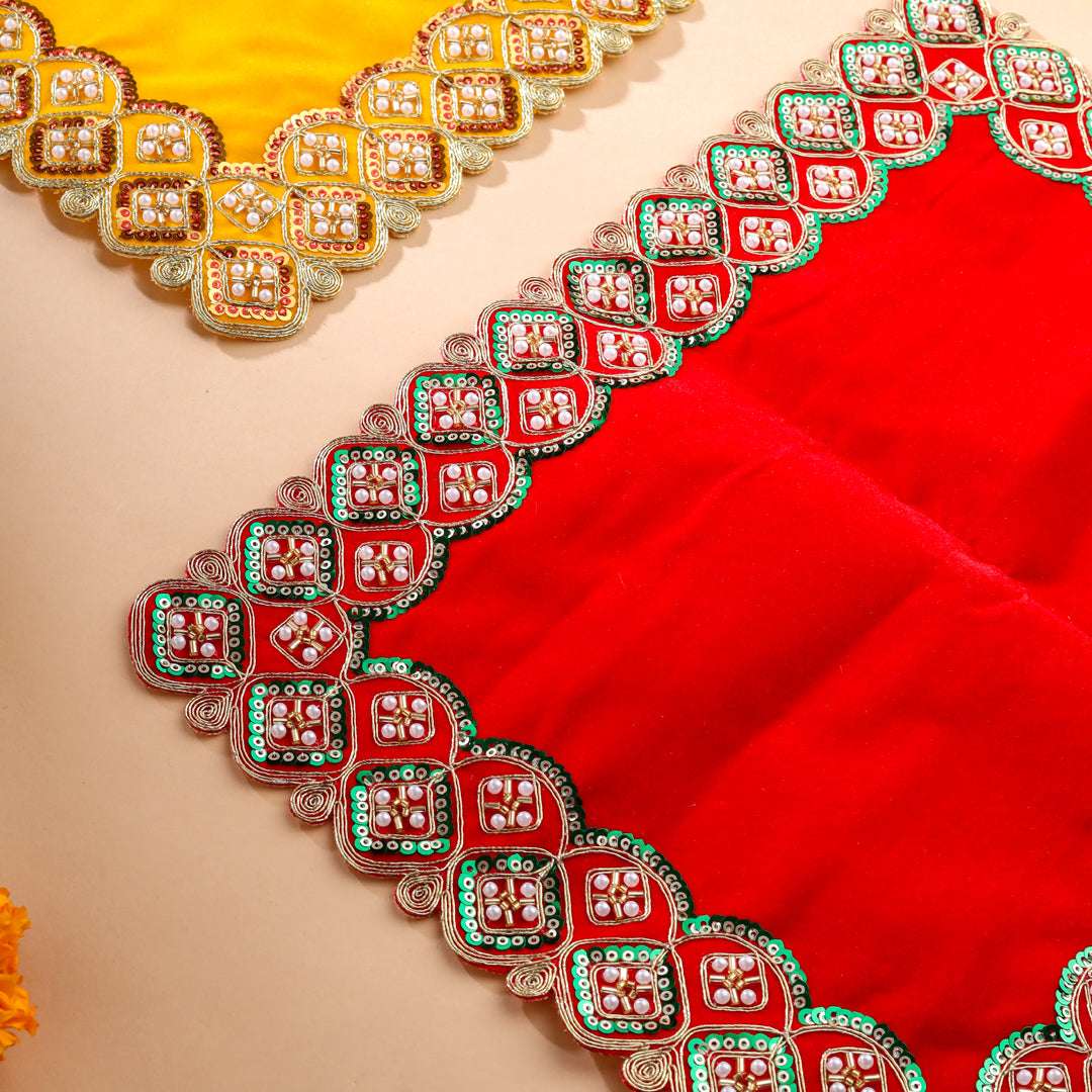 Sequin And Pearl Work Red Velvet God Pooja Asana - Image 2