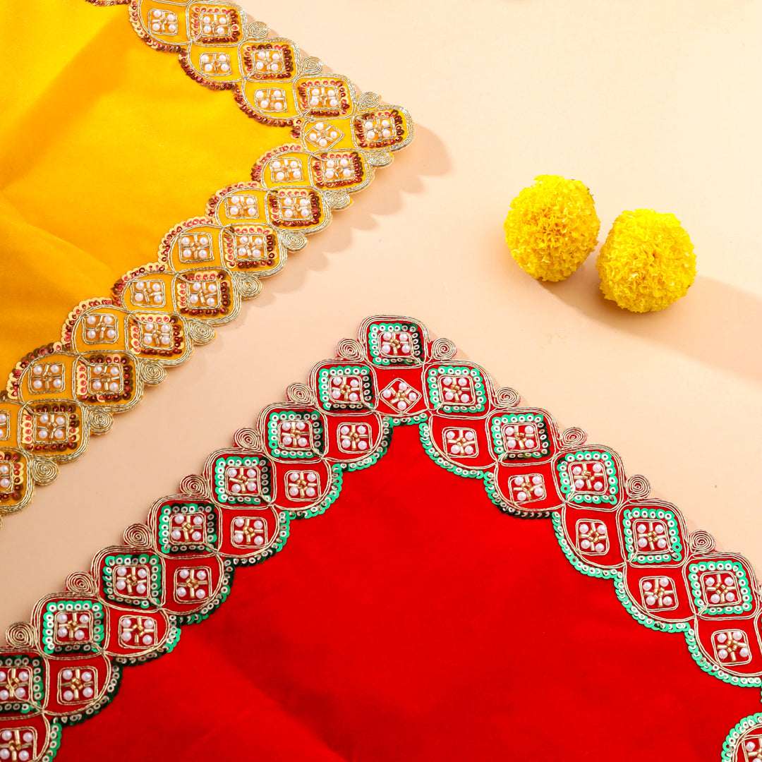 Sequin And Pearl Work Red Velvet God Pooja Asana - Image 5