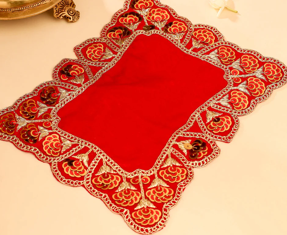 Sequin Work Red Velvet God Pooja Asana
