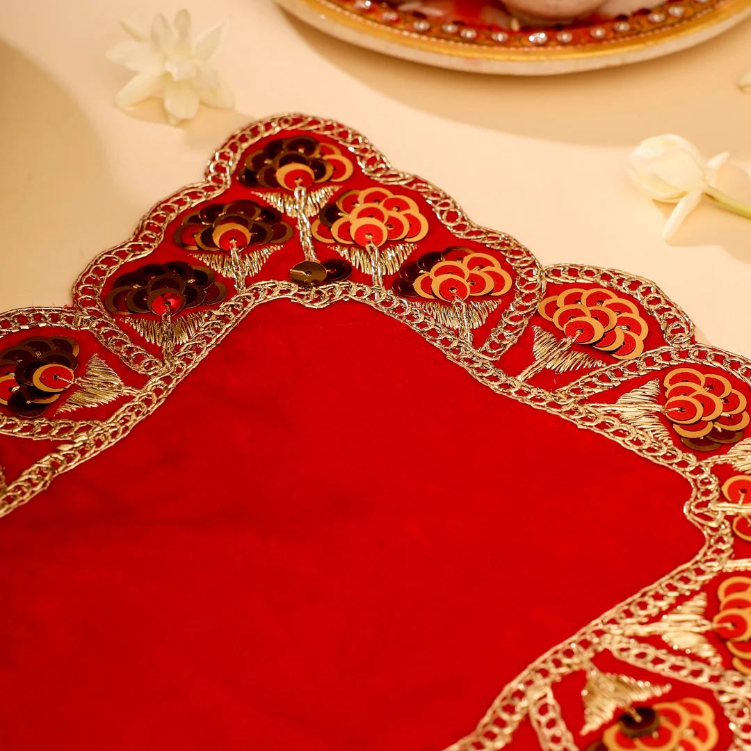 Sequin Work Red Velvet God Pooja Asana - Image 2