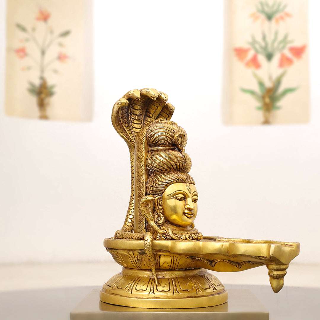 Brass Lord Shiva Mukhalingam with Naga Canopy Shivling Idol (12.5 Inch) - Image 2