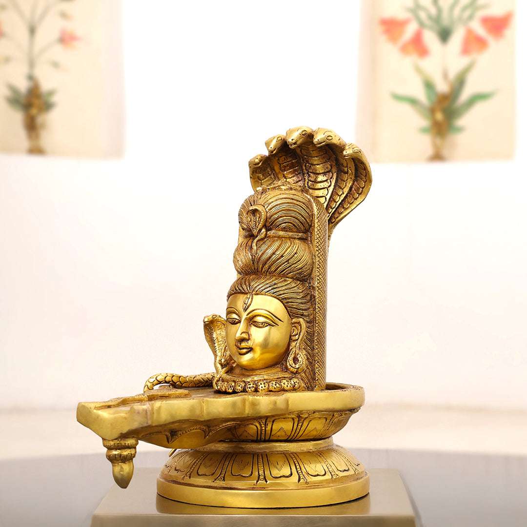 Brass Lord Shiva Mukhalingam with Naga Canopy Shivling Idol (12.5 Inch) - Image 5