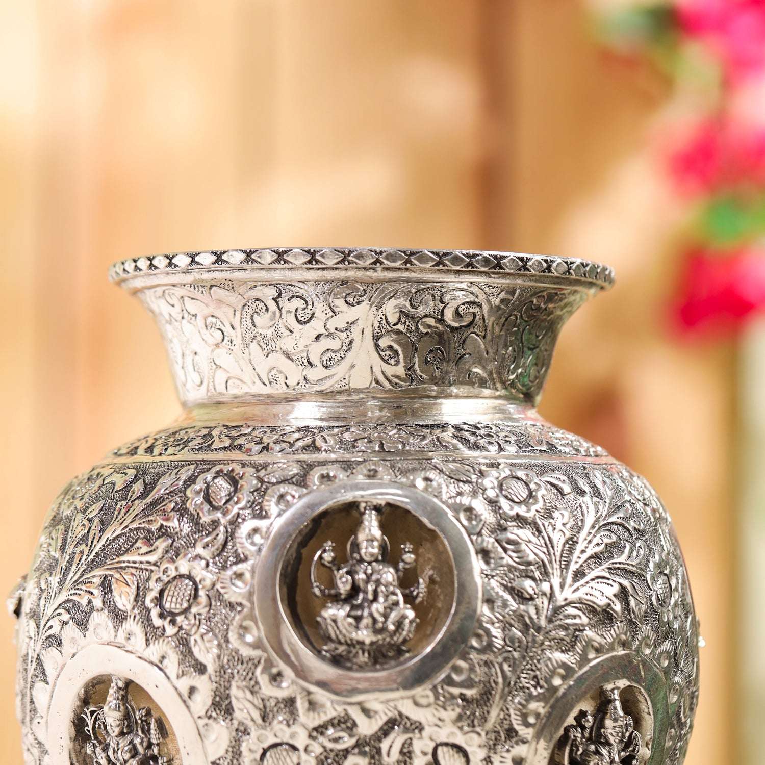 Brass Silver Plated Ashtalakshmi Kodam / Kalash (8 Inch) - Image 3