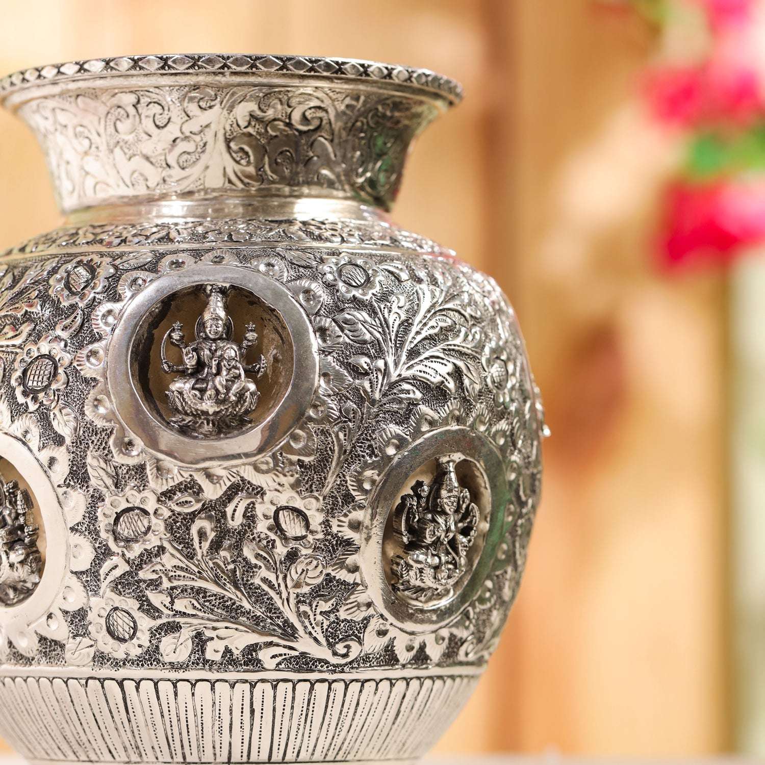 Brass Silver Plated Ashtalakshmi Kodam / Kalash (8 Inch) - Image 4