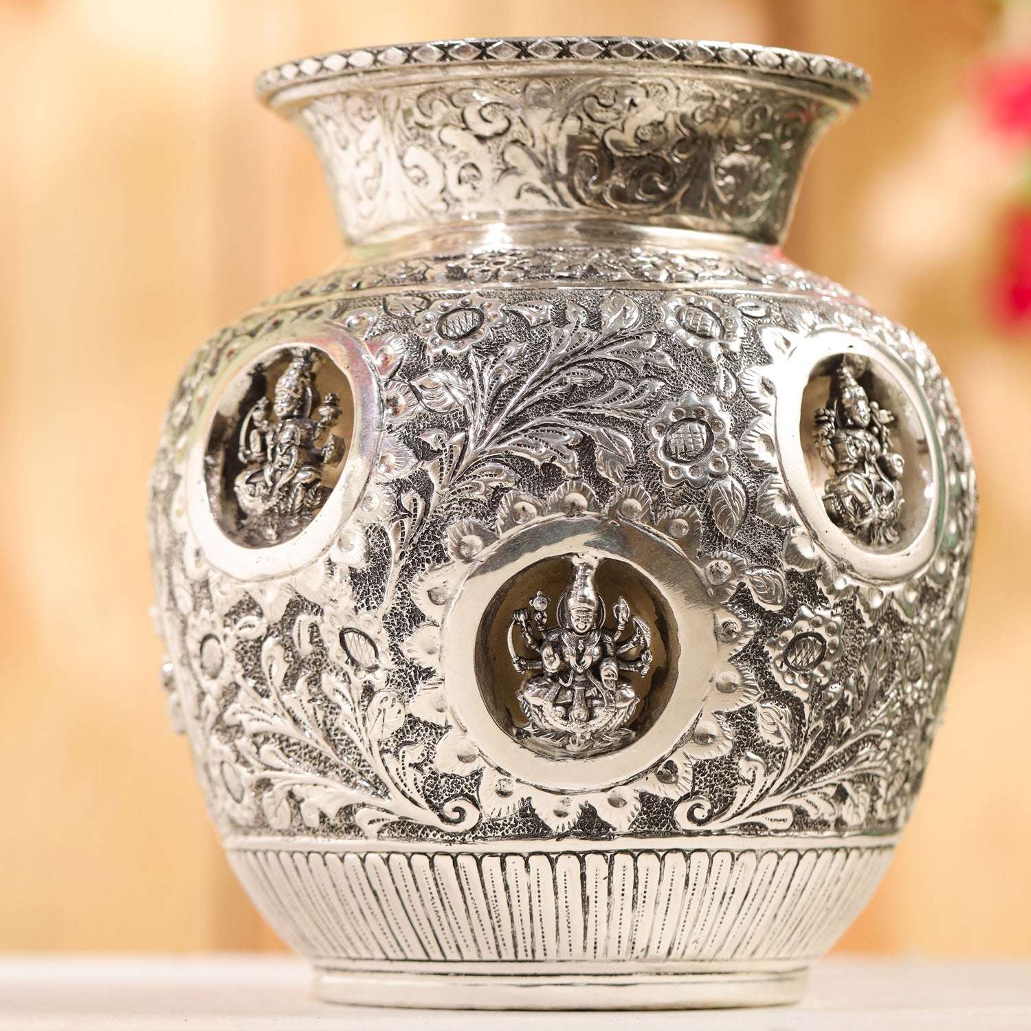 Brass Silver Plated Ashtalakshmi Kodam / Kalash (8 Inch) - Image 5