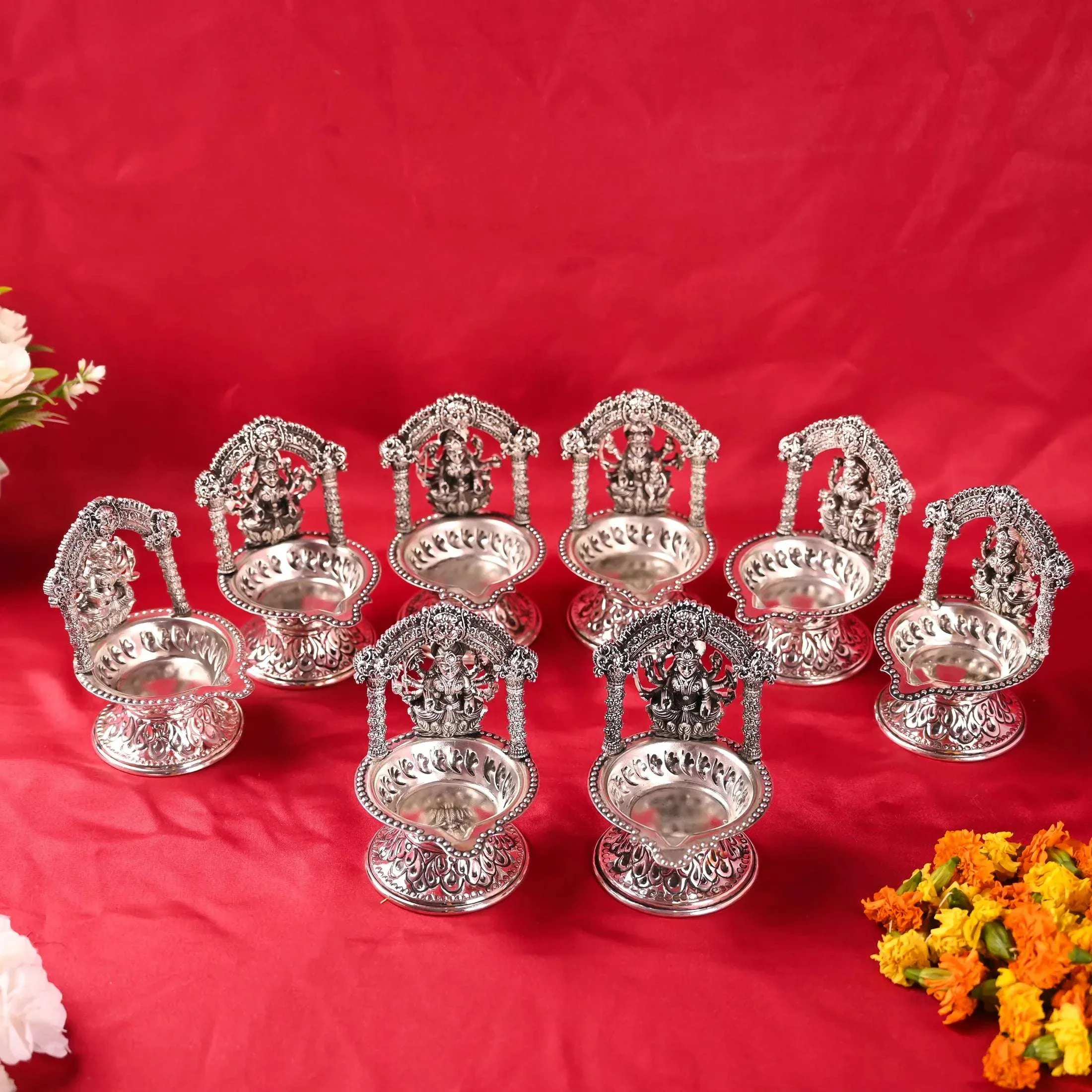 Brass Silver Plated Ashtalakshmi Diya set (5.7 Inch) - Image 2