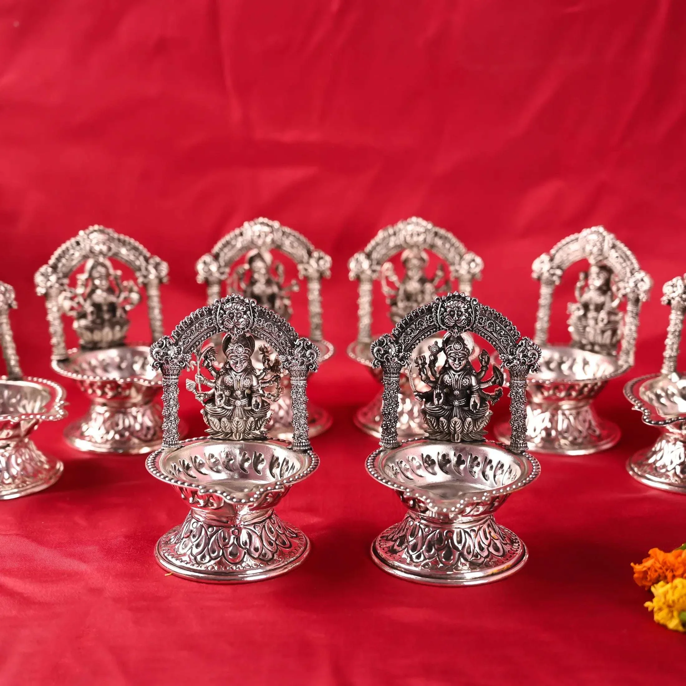 Brass Silver Plated Ashtalakshmi Diya set (5.7 Inch) - Image 3