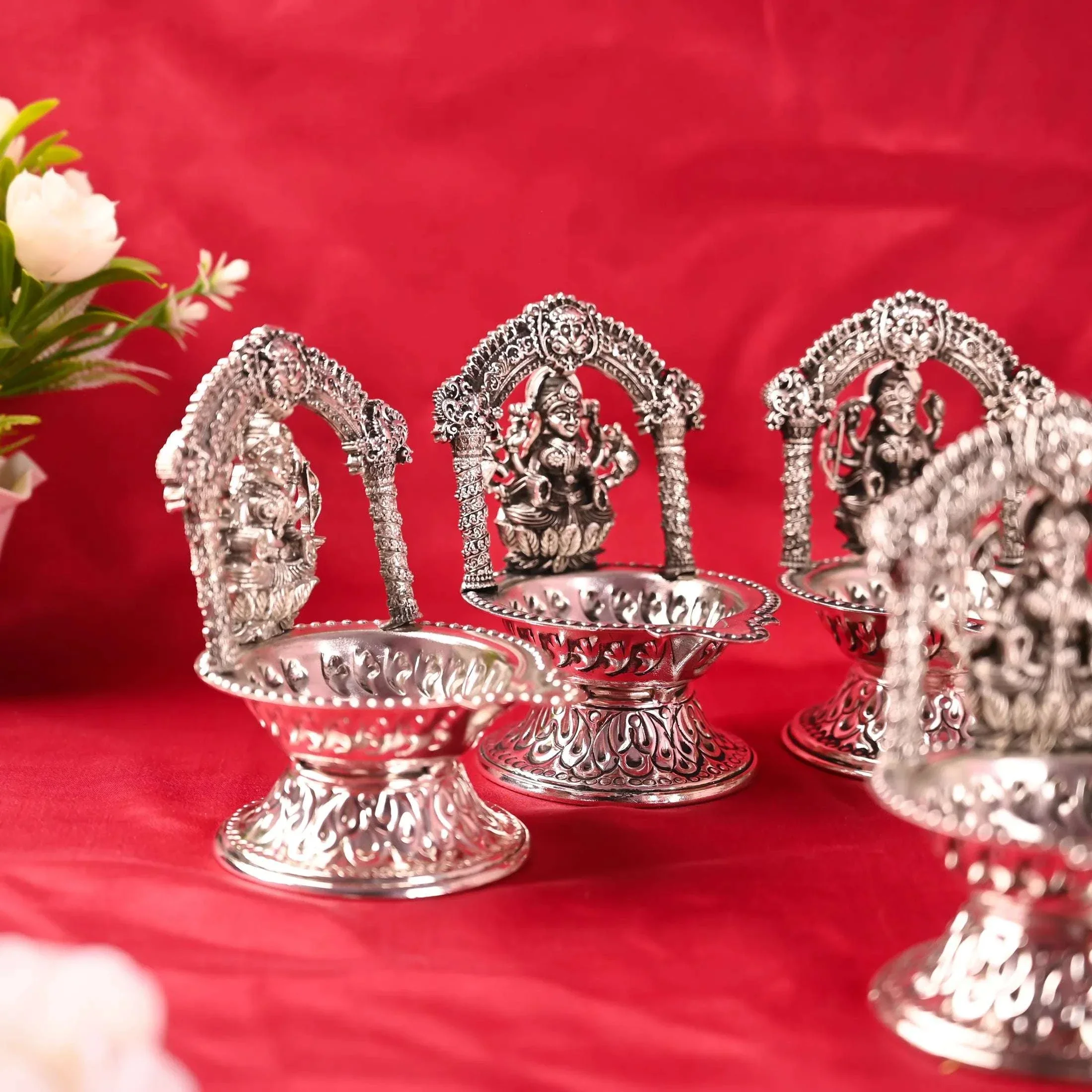 Brass Silver Plated Ashtalakshmi Diya set (5.7 Inch) - Image 4