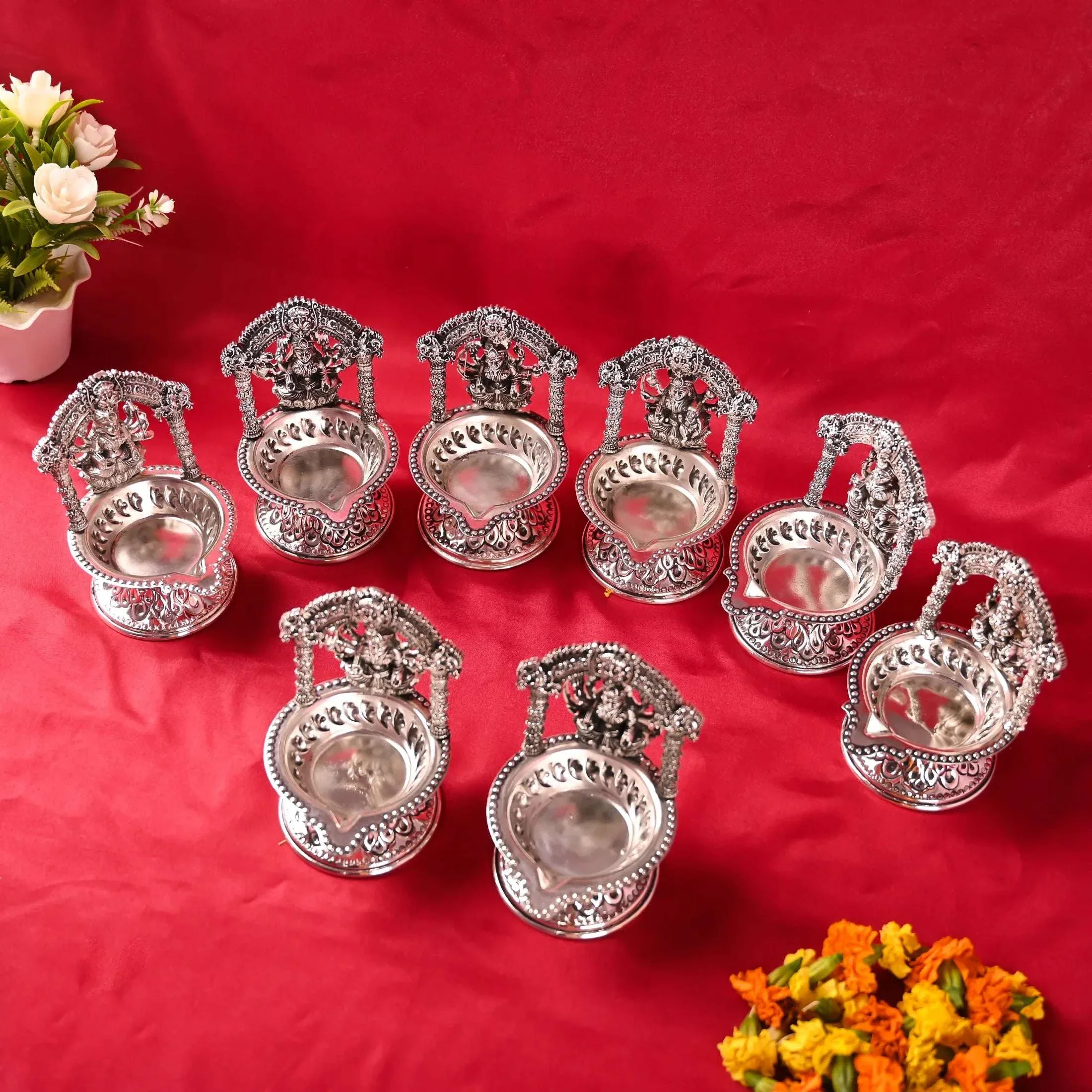 Brass Silver Plated Ashtalakshmi Diya set (5.7 Inch) - Image 5