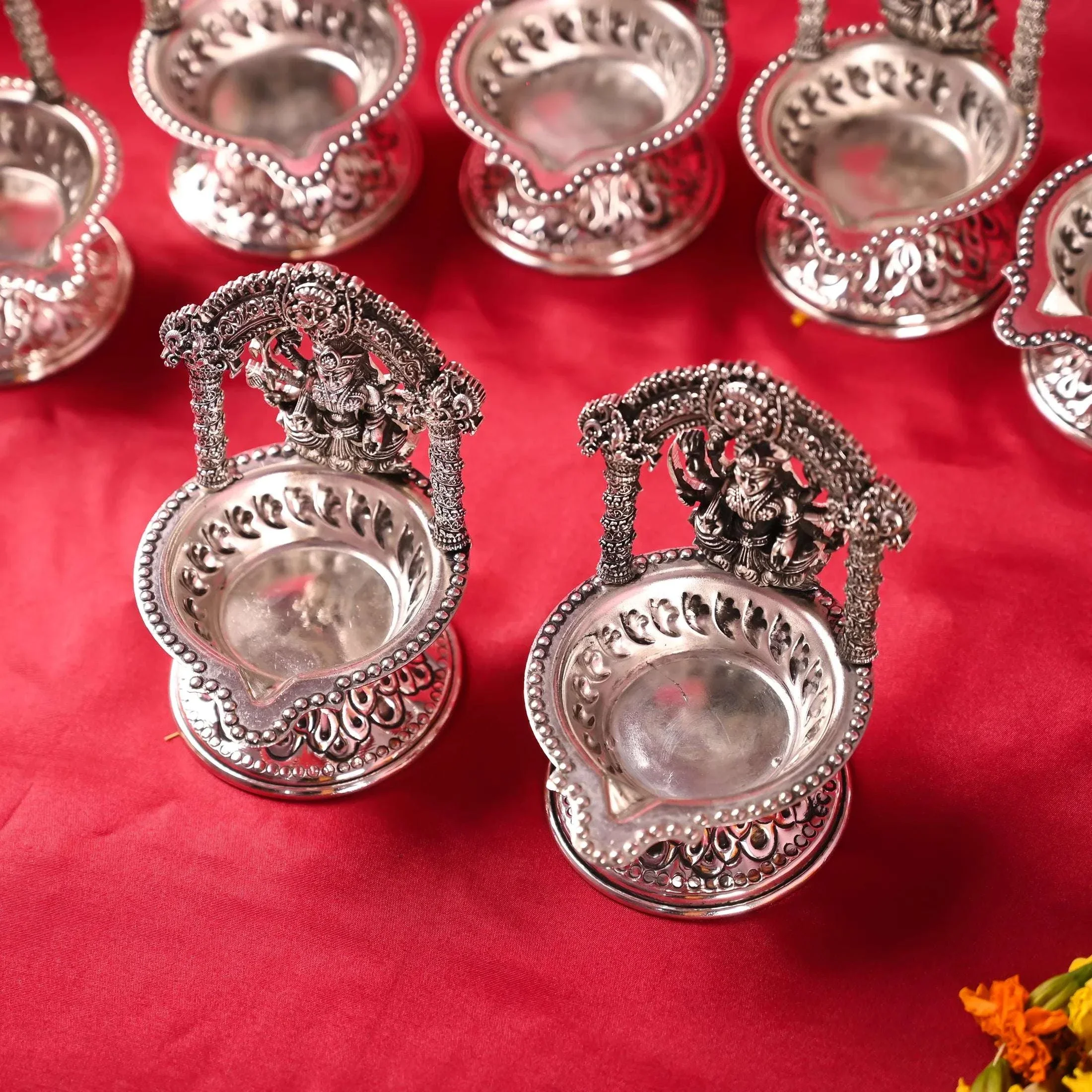 Brass Silver Plated Ashtalakshmi Diya set (5.7 Inch) - Image 6