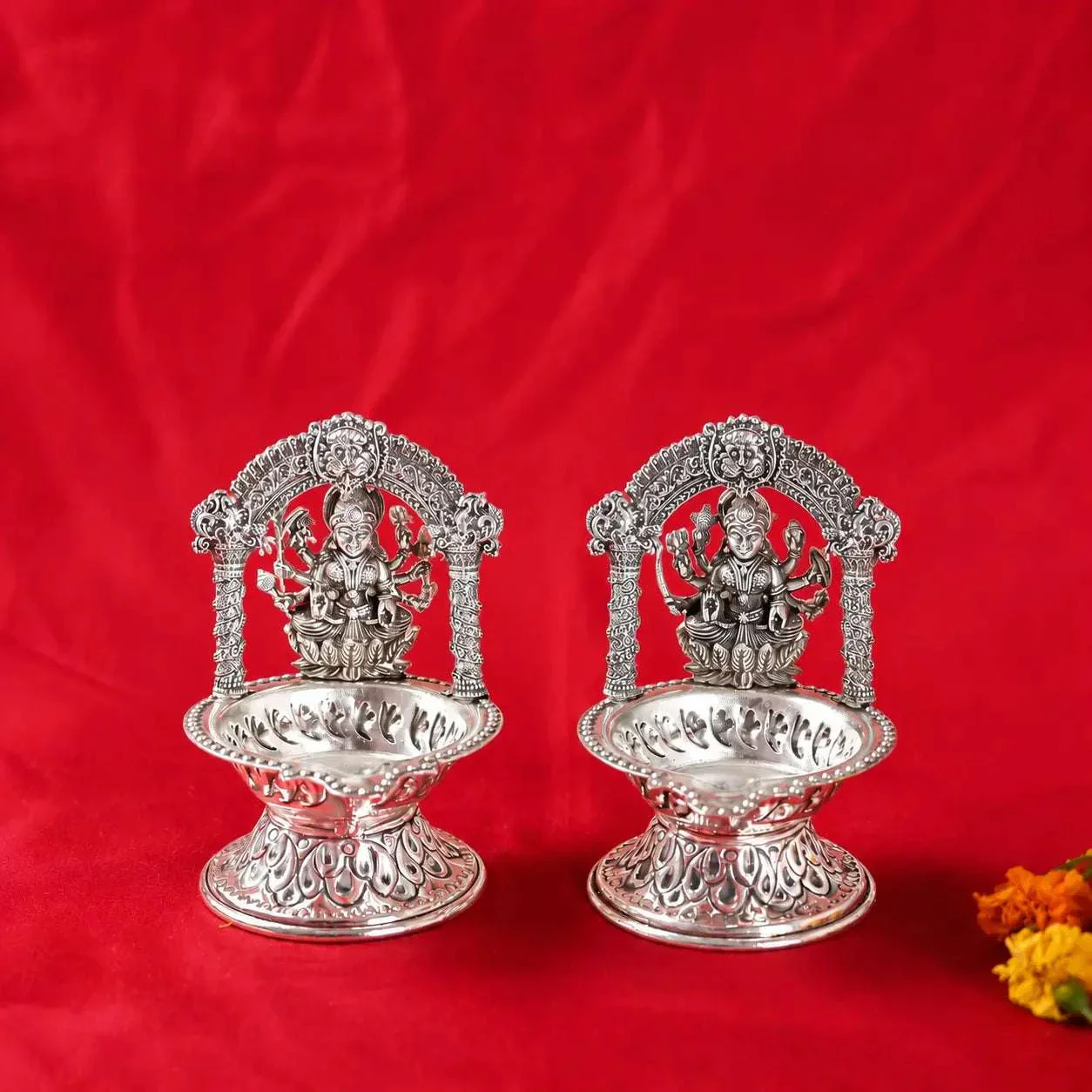 Brass Silver Plated Ashtalakshmi Diya set (5.7 Inch) - Image 7