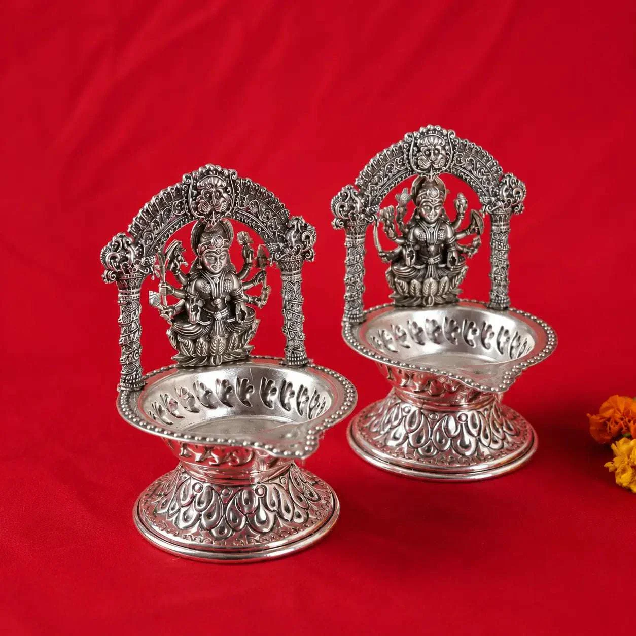 Brass Silver Plated Ashtalakshmi Diya set (5.7 Inch) - Image 8