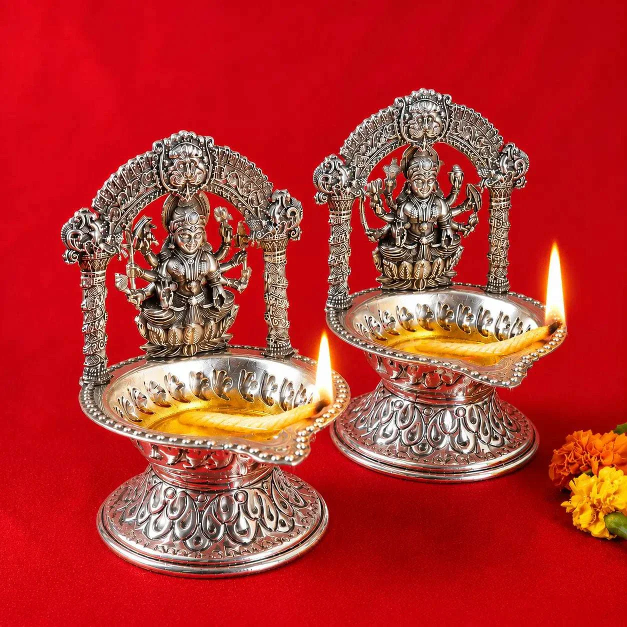 Brass Silver Plated Ashtalakshmi Diya set (5.7 Inch) - Image 9