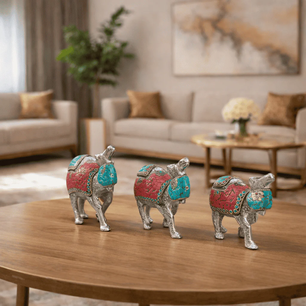 Brass Silver Plated Camal Statue With Stone Work Set of Three (6 Inch) - Image 2