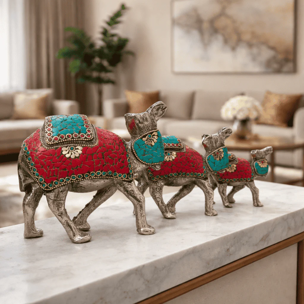 Brass Silver Plated Camal Statue With Stone Work Set of Three (6 Inch) - Image 3