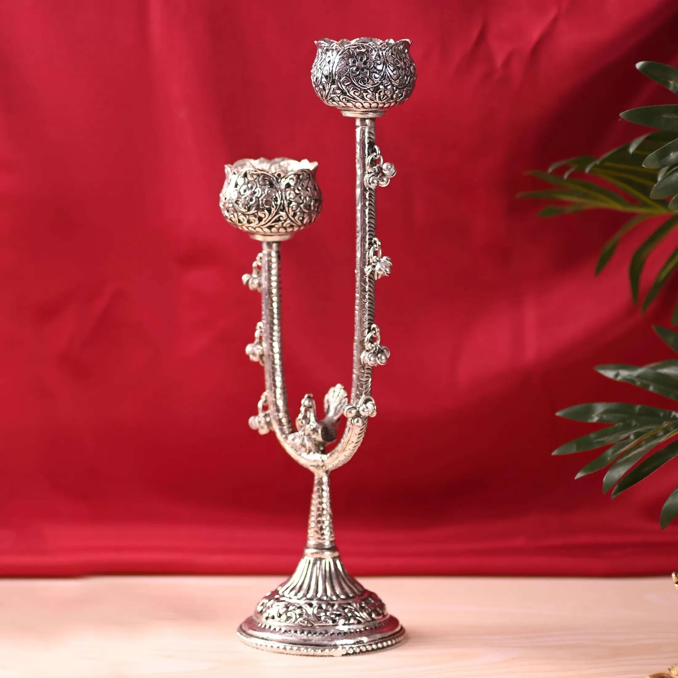 Brass Silver Plated Candle Stand with Ghungroo (13.5 Inch) - Image 3