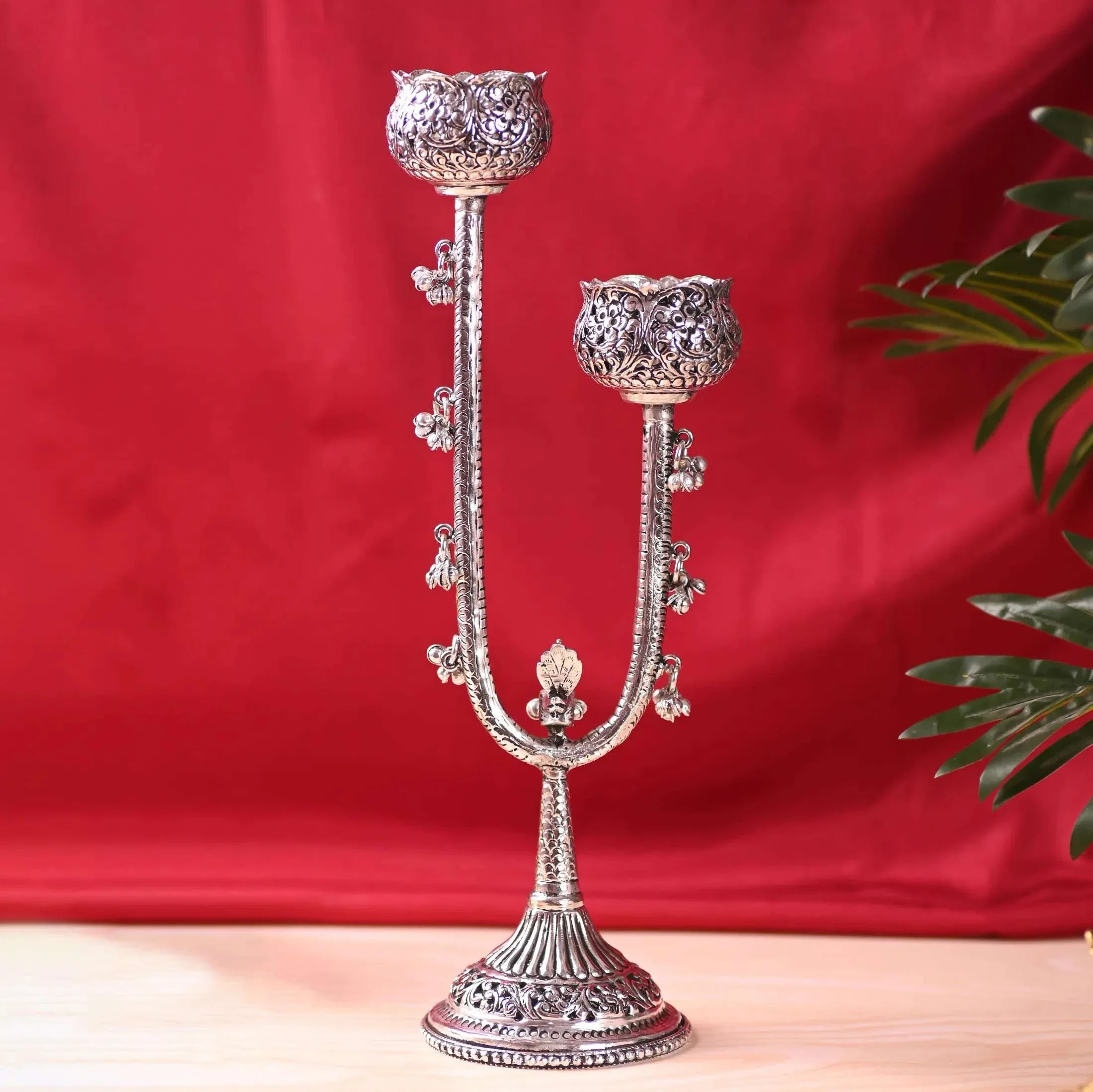 Brass Silver Plated Candle Stand with Ghungroo (13.5 Inch) - Image 5