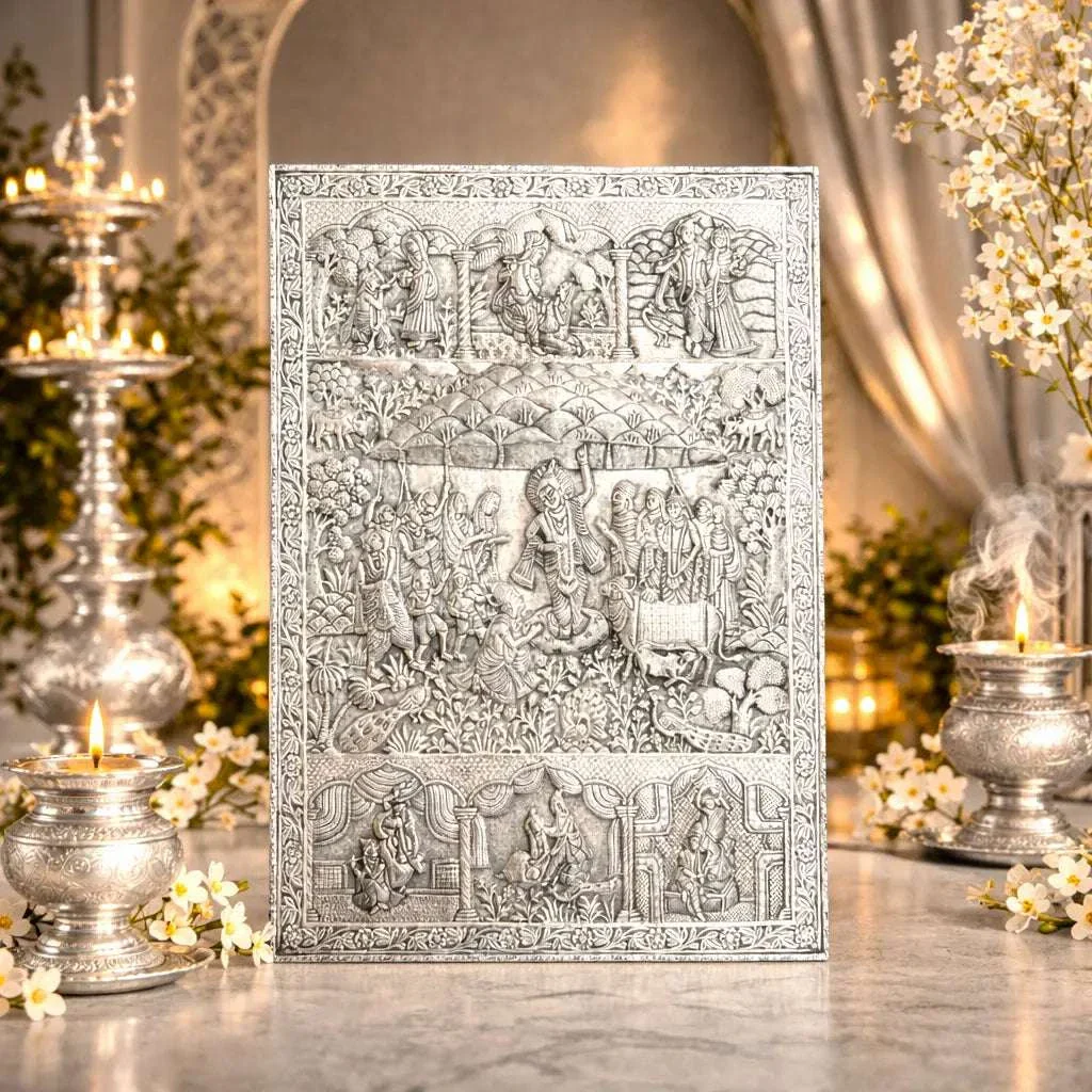 Copper Silver Plated Krishna Govardhan Wall Hanging Plate (30.5 Inch)