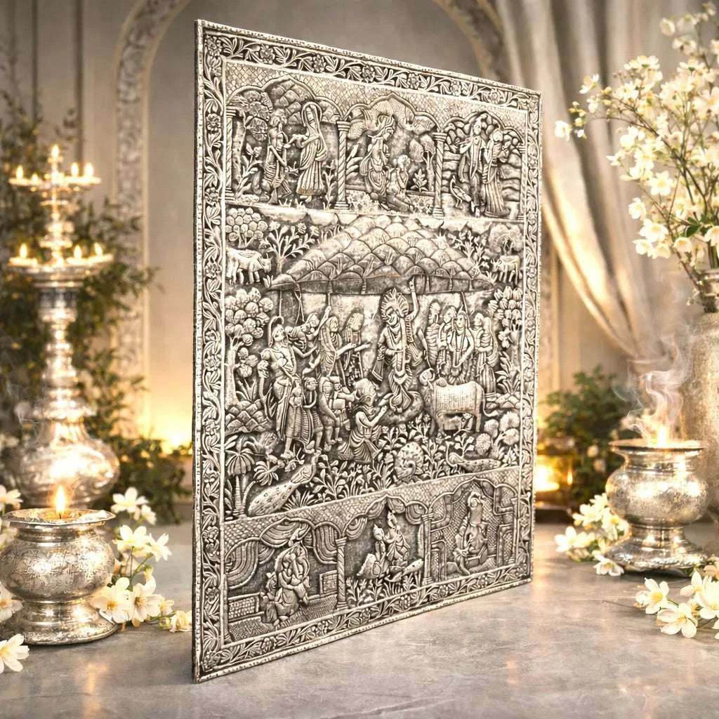 Copper Silver Plated Krishna Govardhan Wall Hanging Plate (30.5 Inch) - Image 2