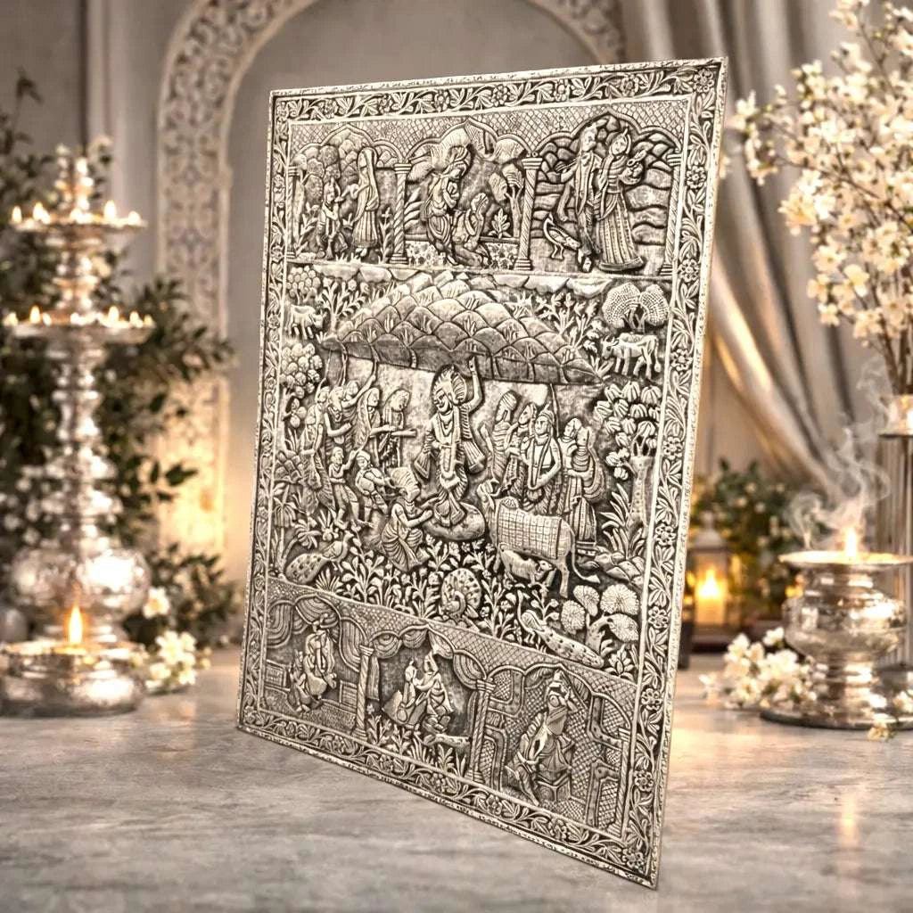 Copper Silver Plated Krishna Govardhan Wall Hanging Plate (30.5 Inch) - Image 3