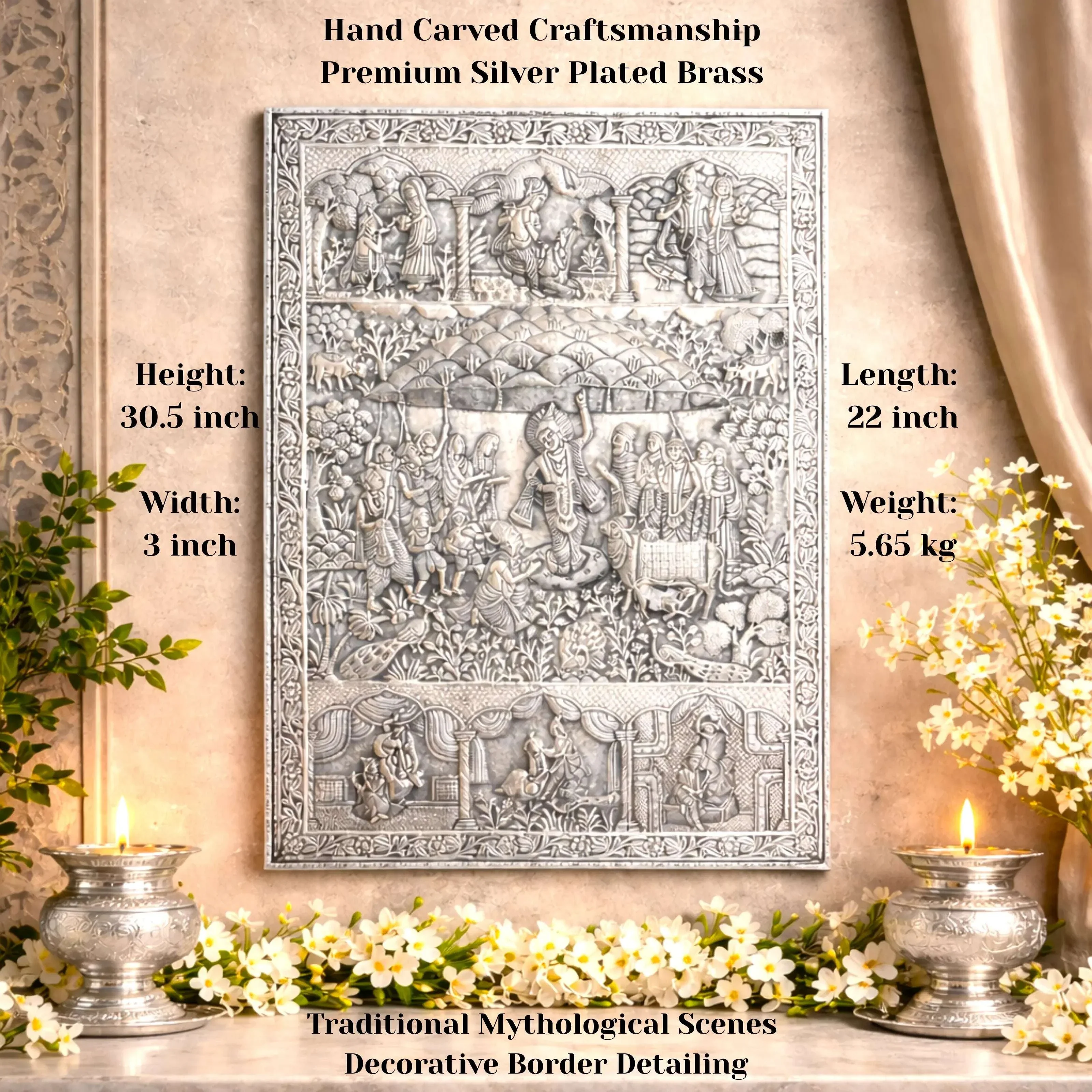 Copper Silver Plated Krishna Govardhan Wall Hanging Plate (30.5 Inch) - Image 4