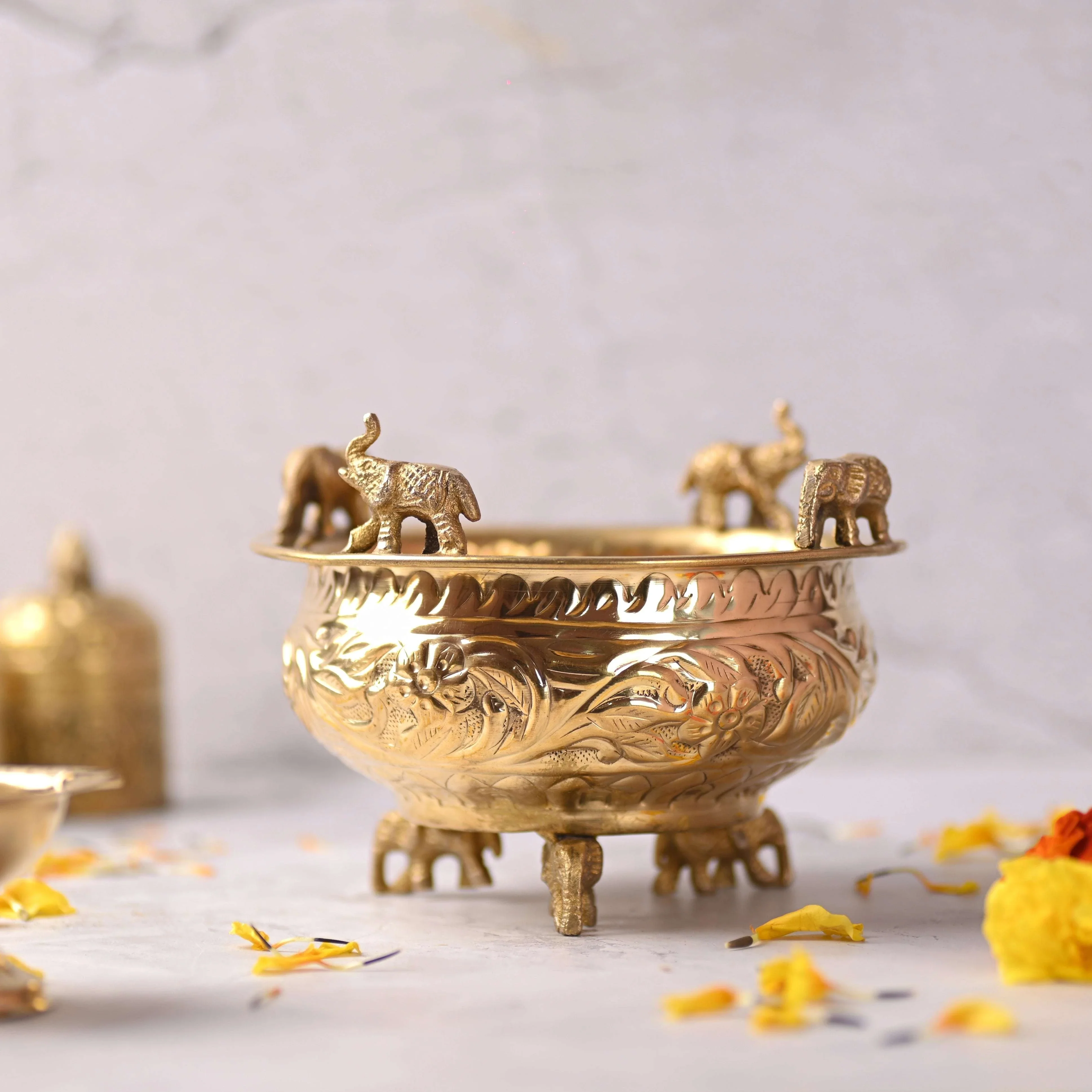 Brass Elephant Urli Bowl with Elephant Legs (4.5 Inch)