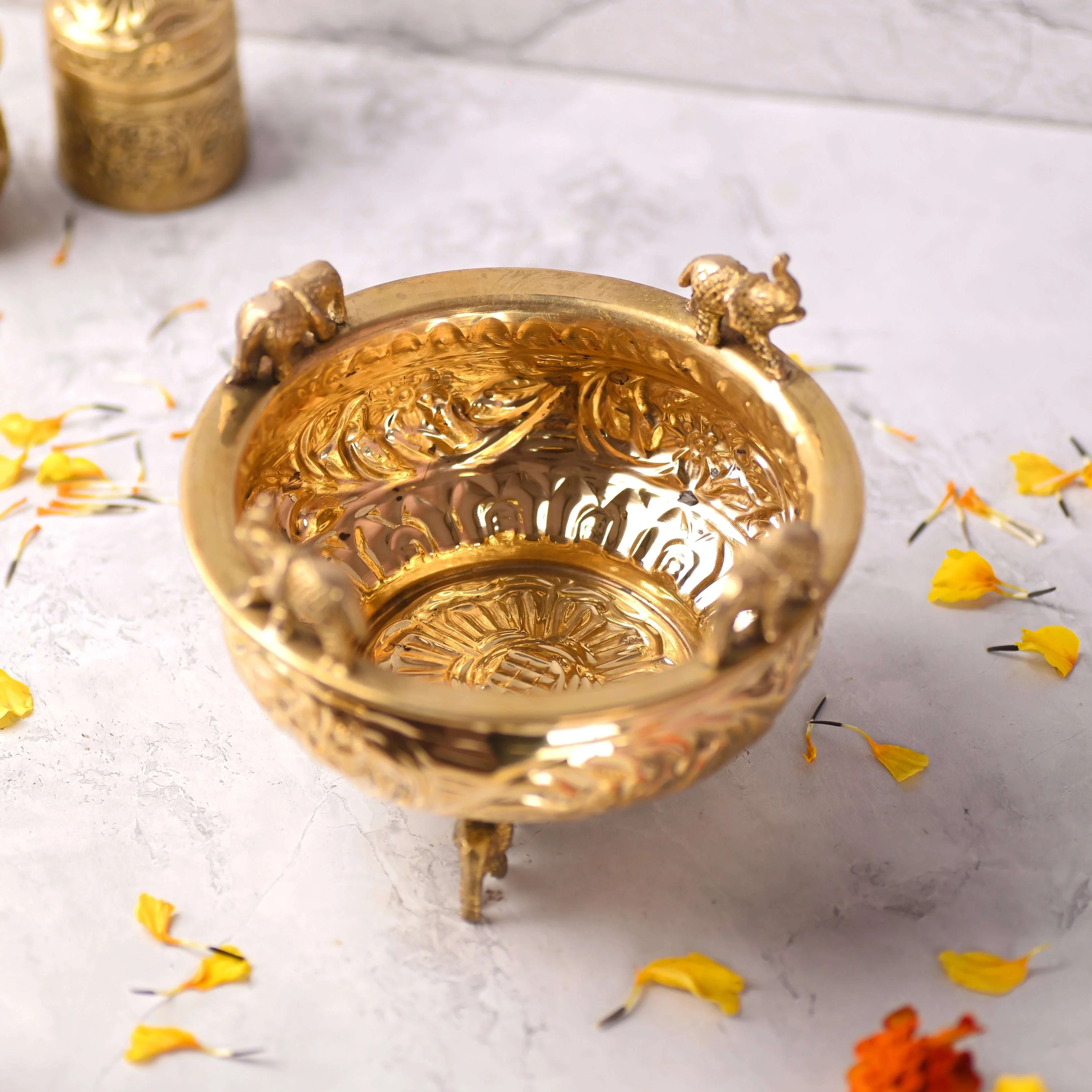 Brass Elephant Urli Bowl with Elephant Legs (4.5 Inch) - Image 3