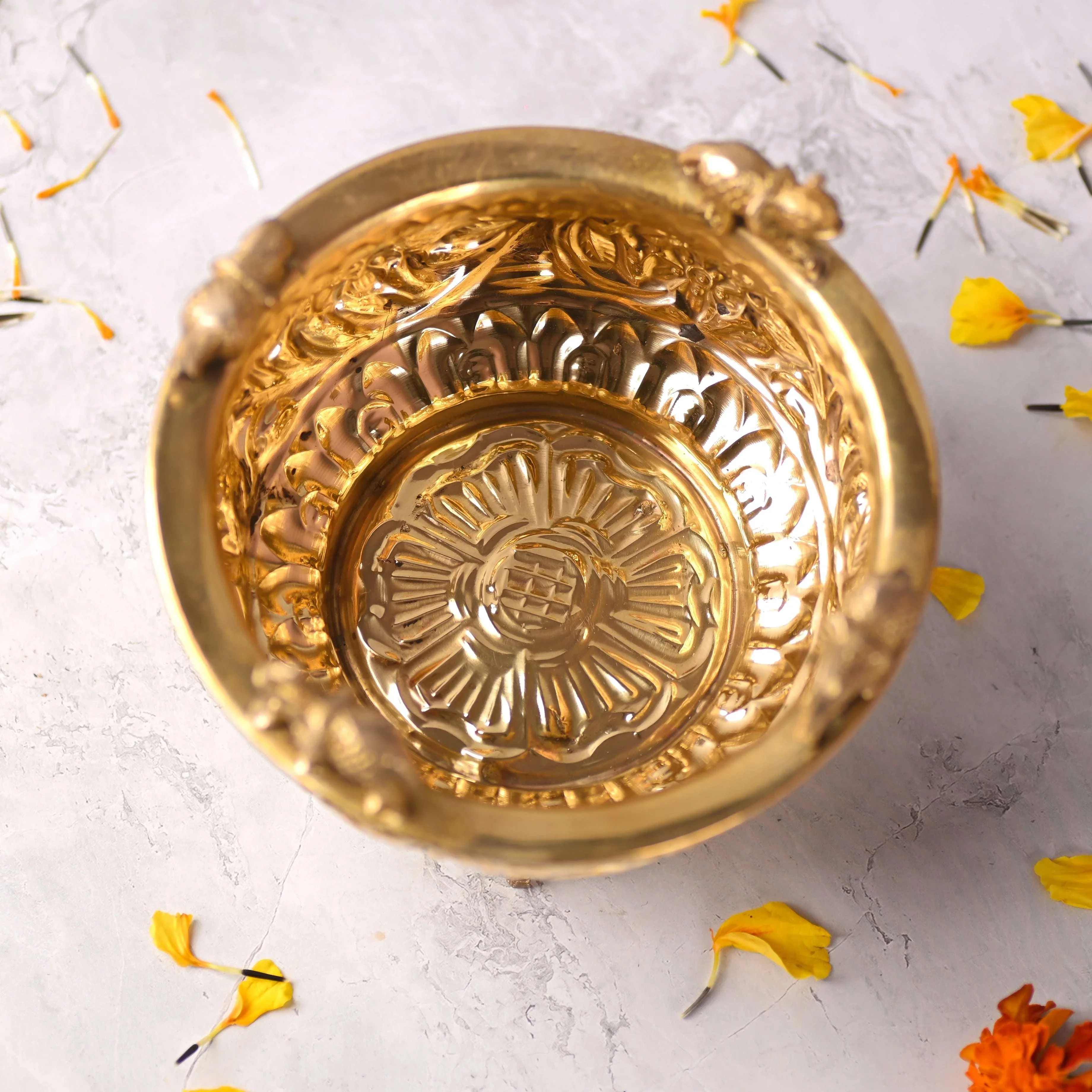 Brass Elephant Urli Bowl with Elephant Legs (4.5 Inch) - Image 4
