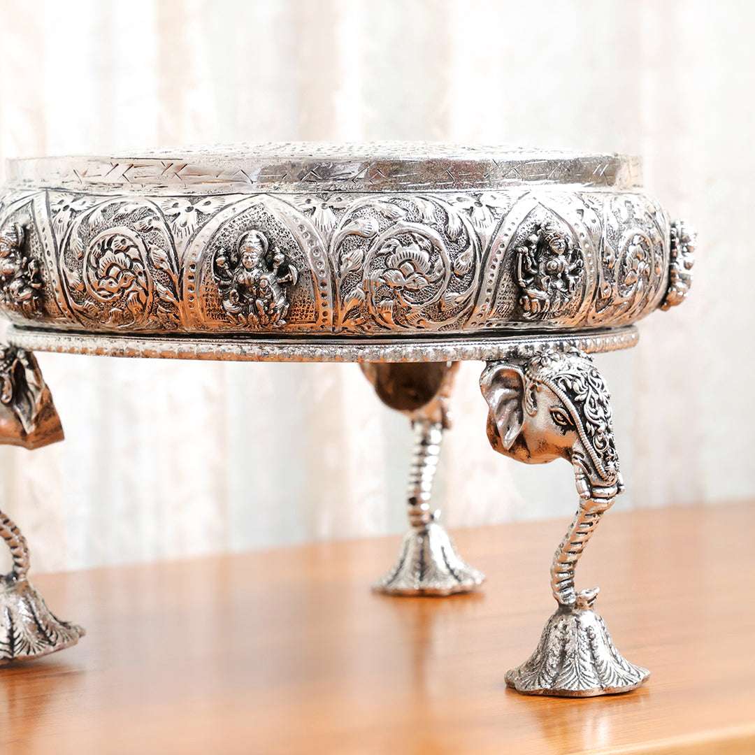Brass Silver Plated Ashtalakshmi Chowki With Elephant Pillars (6.5 Inch) - Image 6