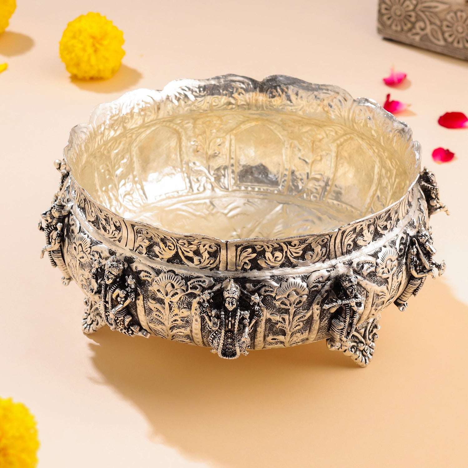 Brass Silver Plated Dashavatara Urli Bowl With Floral Design (4 Inch)