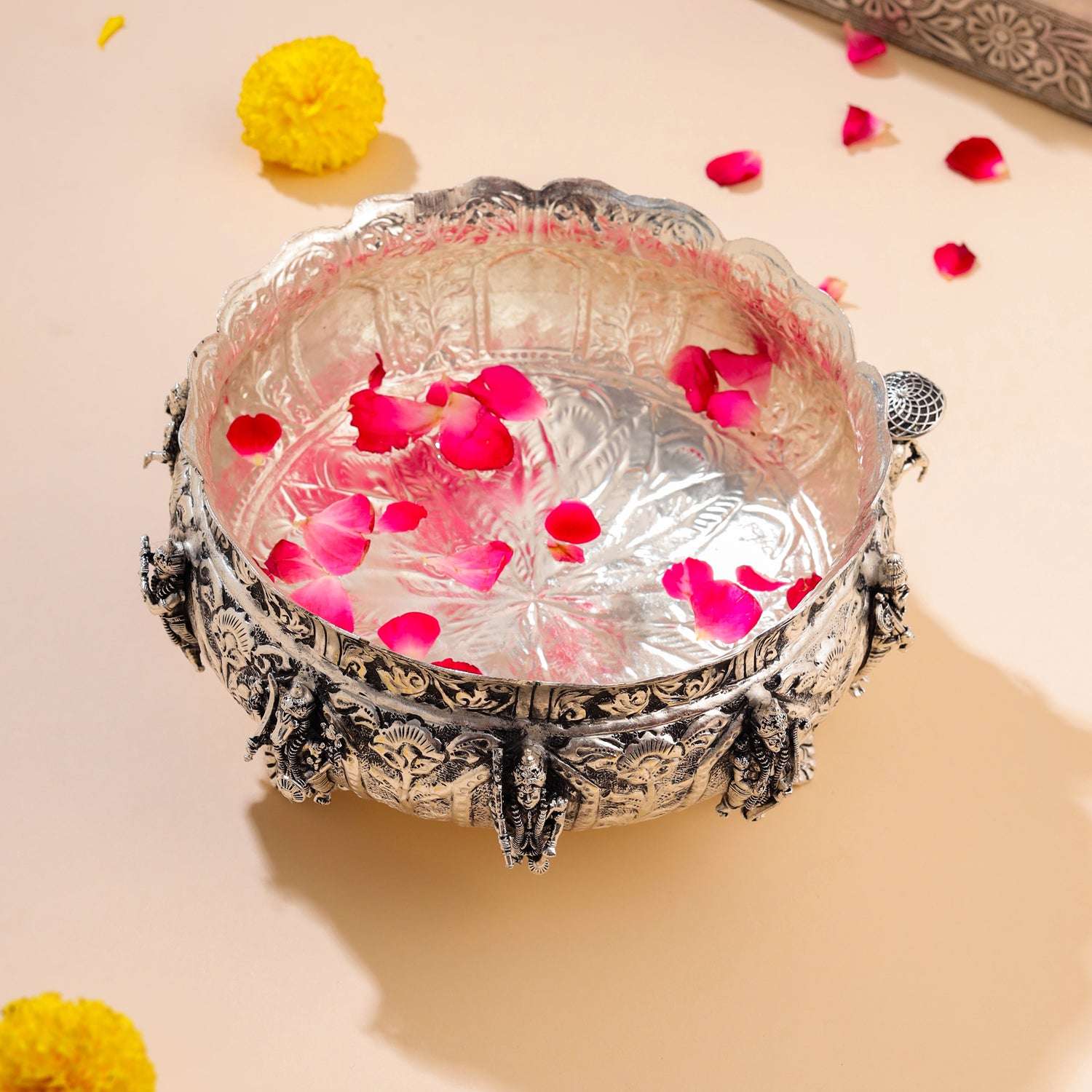 Brass Silver Plated Dashavatara Urli Bowl With Floral Design (4 Inch) - Image 2
