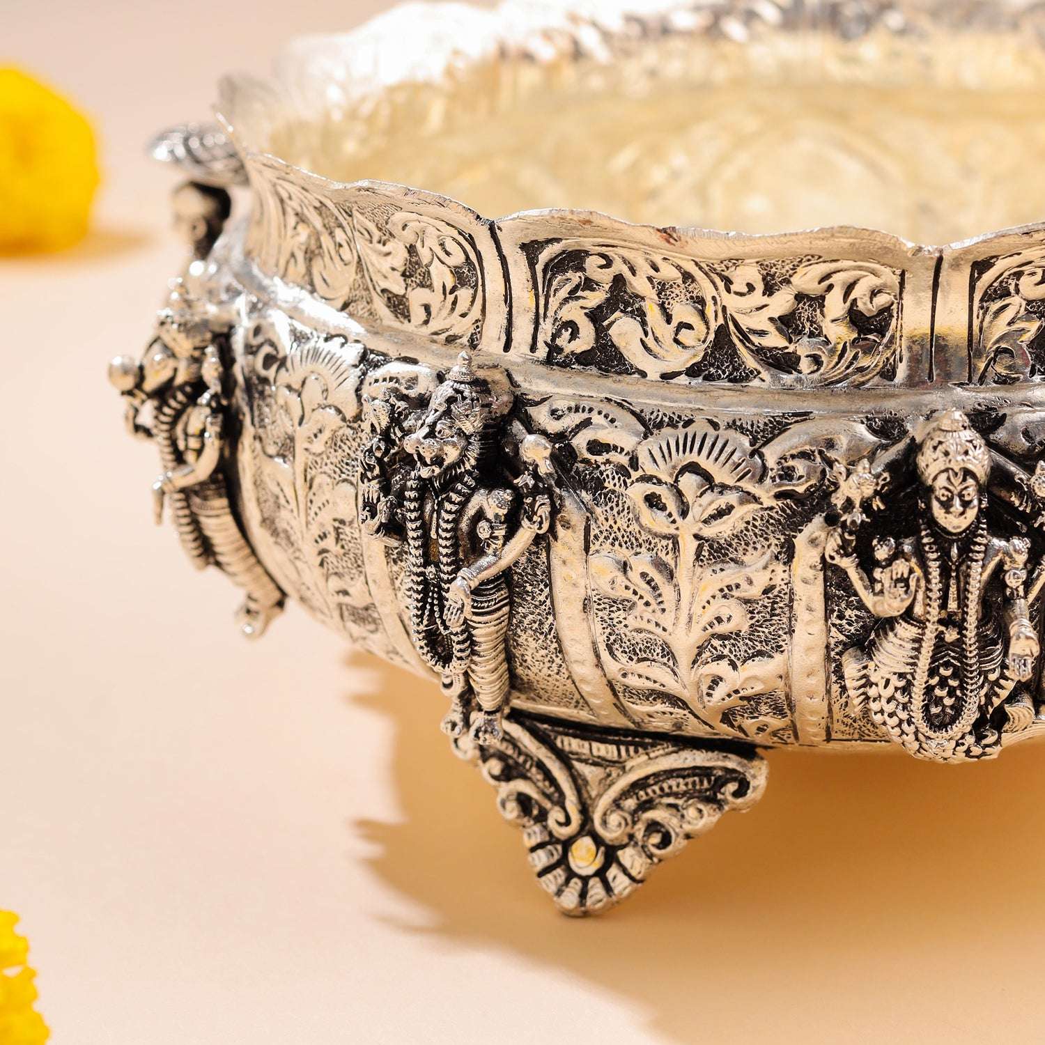 Brass Silver Plated Dashavatara Urli Bowl With Floral Design (4 Inch) - Image 4
