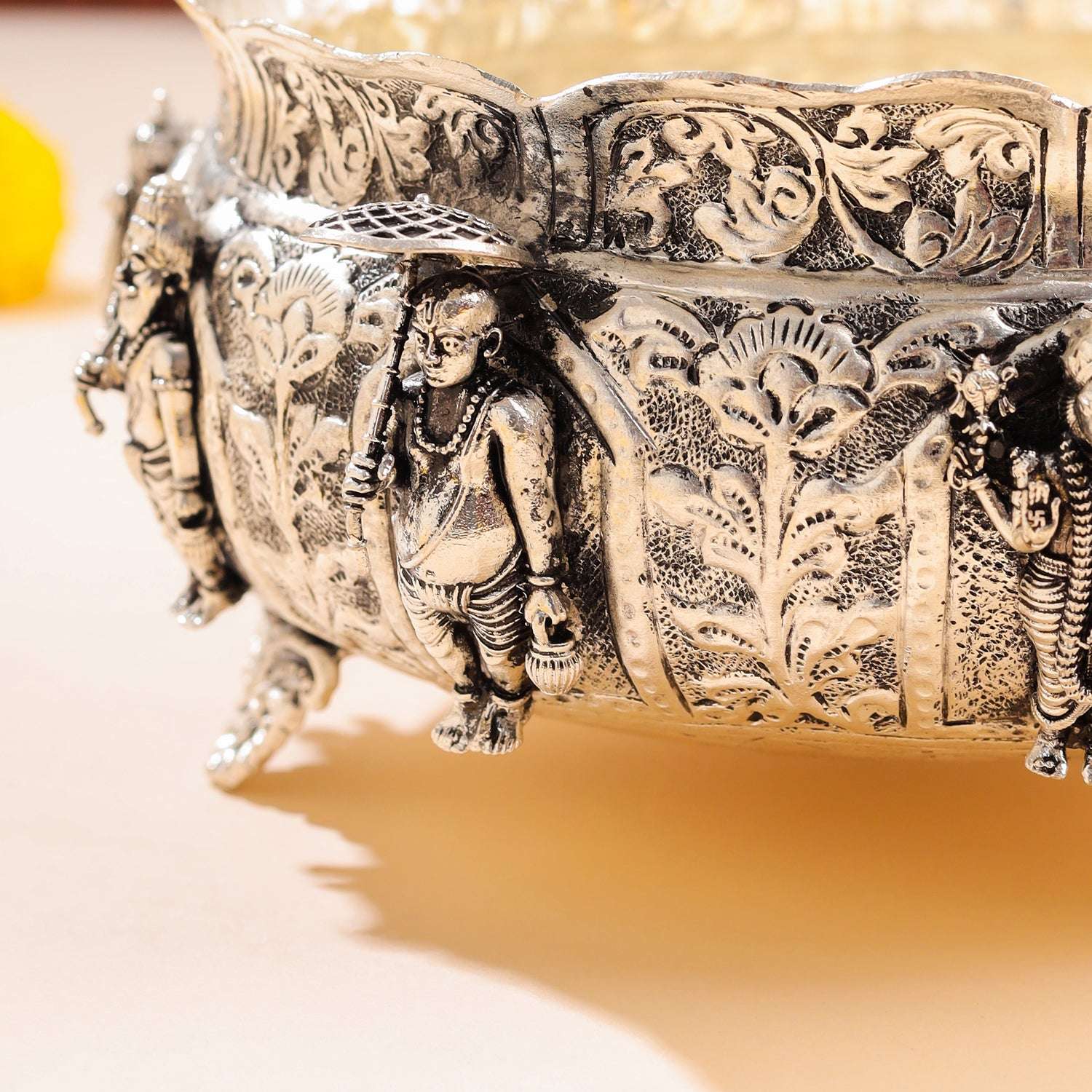 Brass Silver Plated Dashavatara Urli Bowl With Floral Design (4 Inch) - Image 5