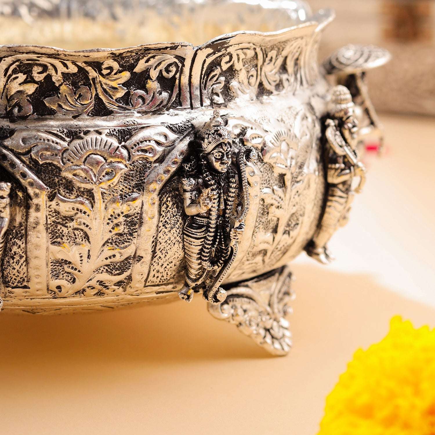 Brass Silver Plated Dashavatara Urli Bowl With Floral Design (4 Inch) - Image 8