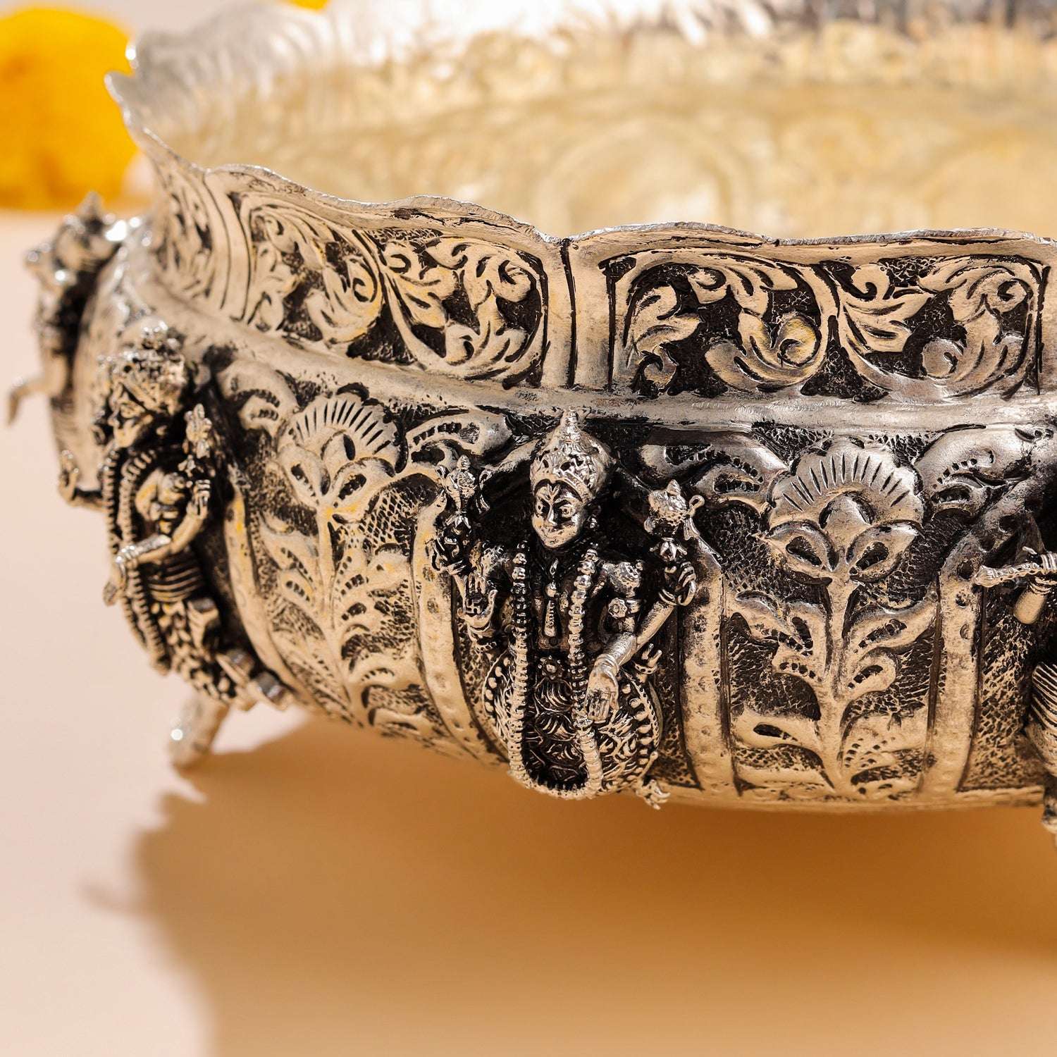 Brass Silver Plated Dashavatara Urli Bowl With Floral Design (4 Inch) - Image 9